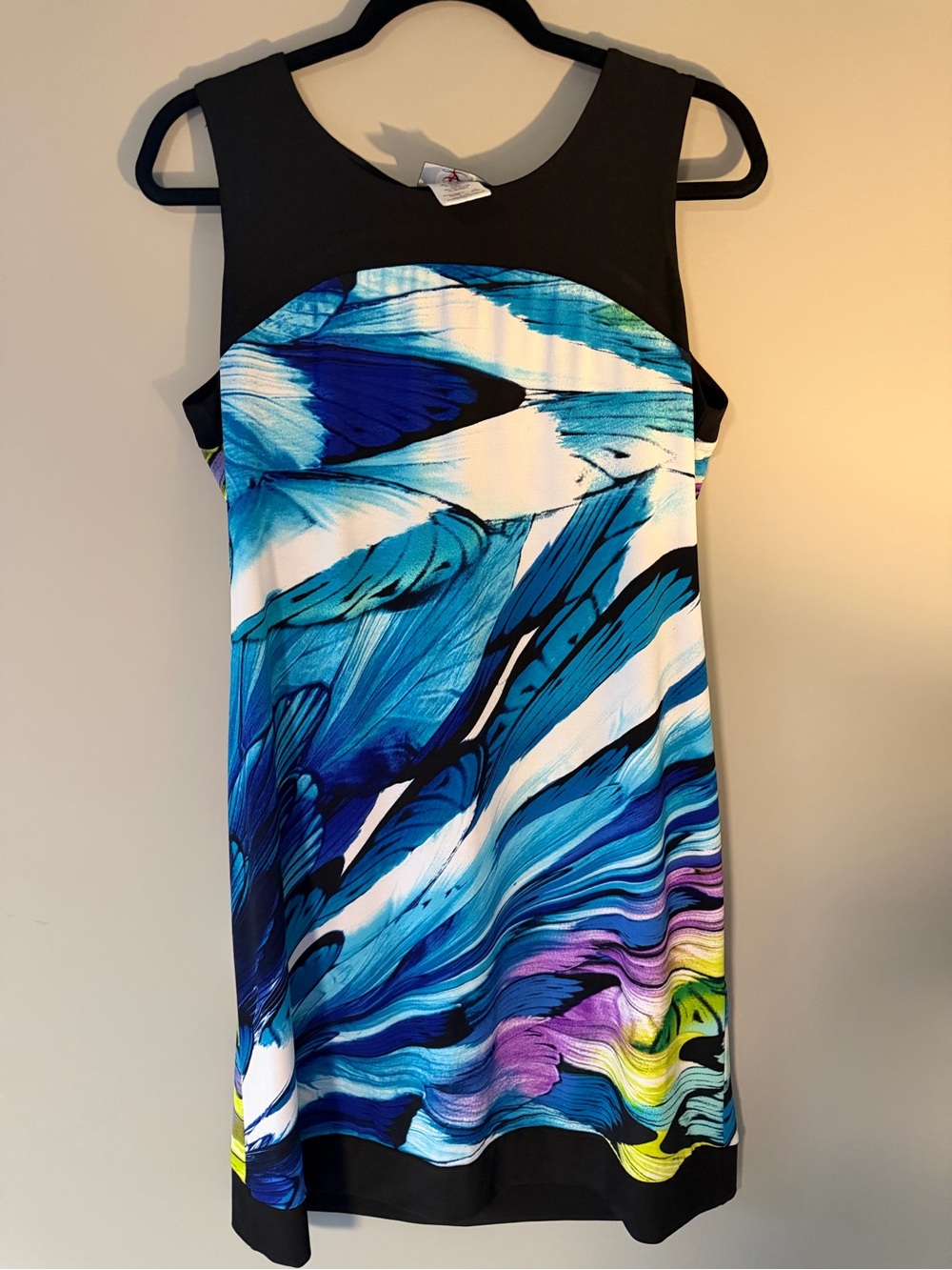 Sleeveless Abstract Blue Print Shift Dress. Black hem & top detail. Lightweight.